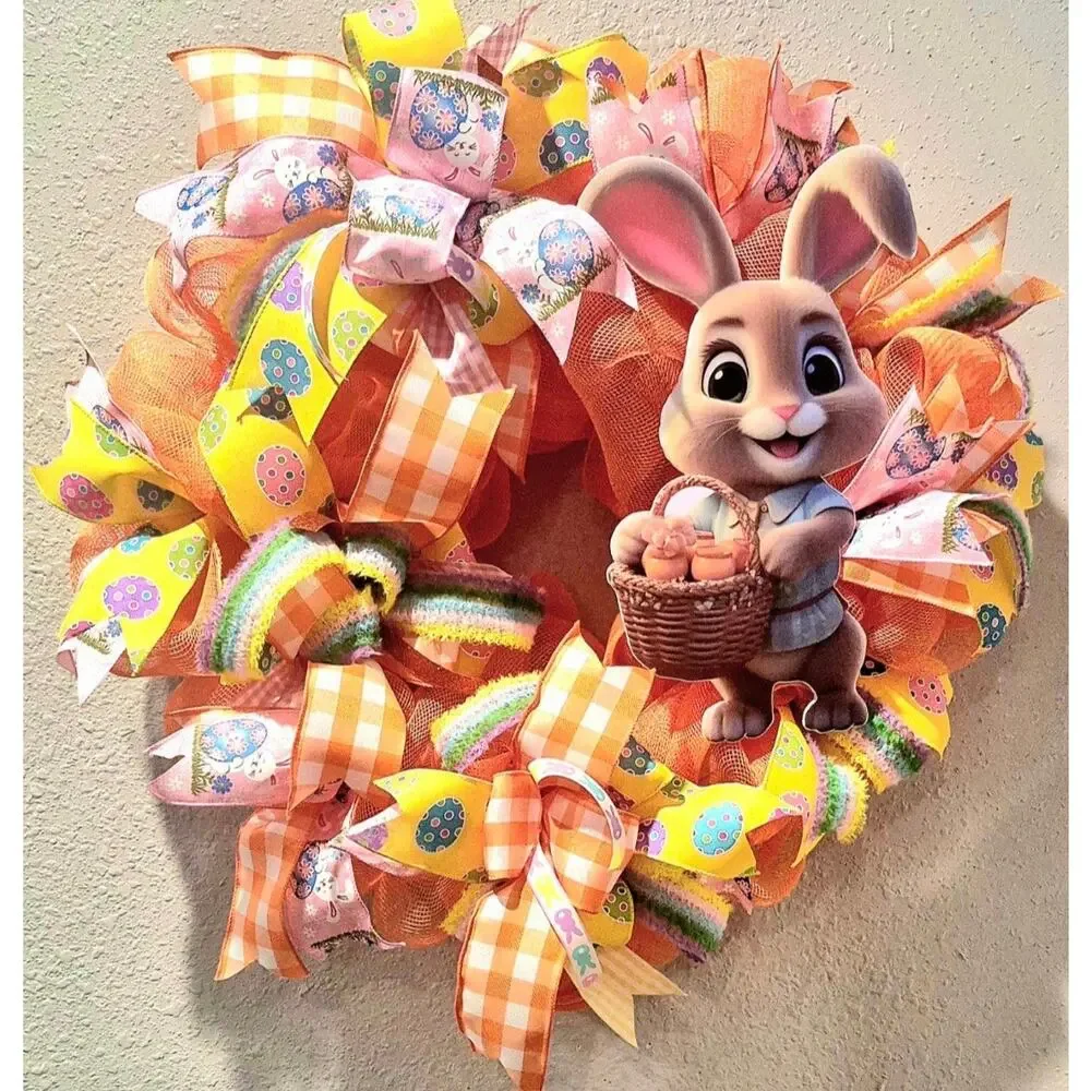 Easter bunny w brown vest & basket w eggs, yard, lawn sign, wreath, crafts DIY